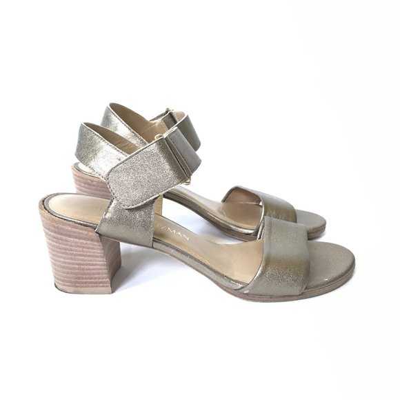 Stuart Weitzman Sandals Womens 6.5 Metallic Pewter Gold Leather Open Toe Shoes